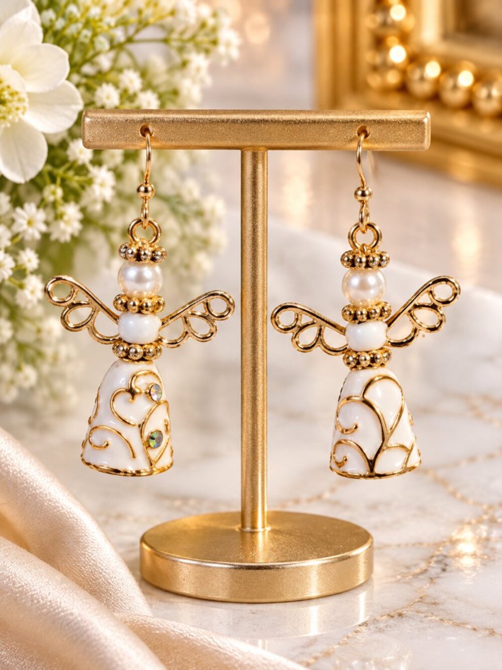 White Gold Angel Dangle Earrings Pearl Beaded Wings - Elegant Women's Jewelry